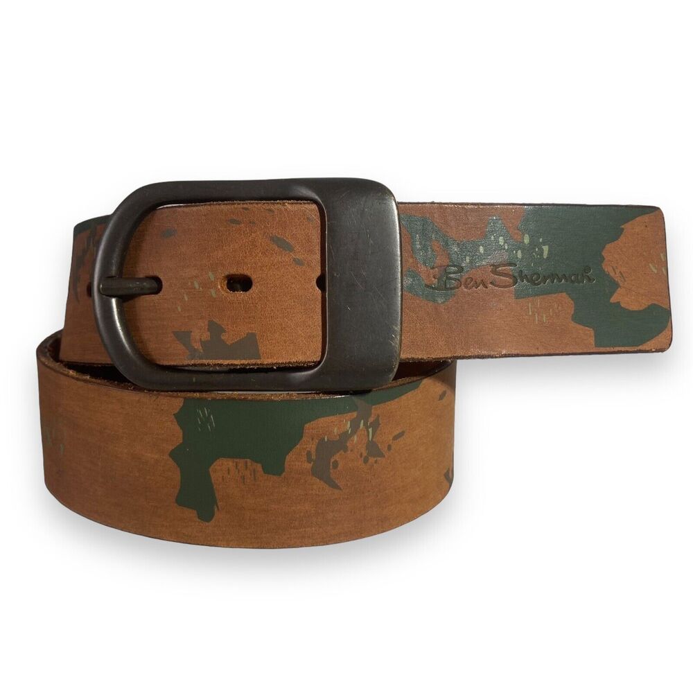 Ben Sherman Men's Brown Camouflage Genuine Leather Belt Size 32 Heavy Duty 1.75"
